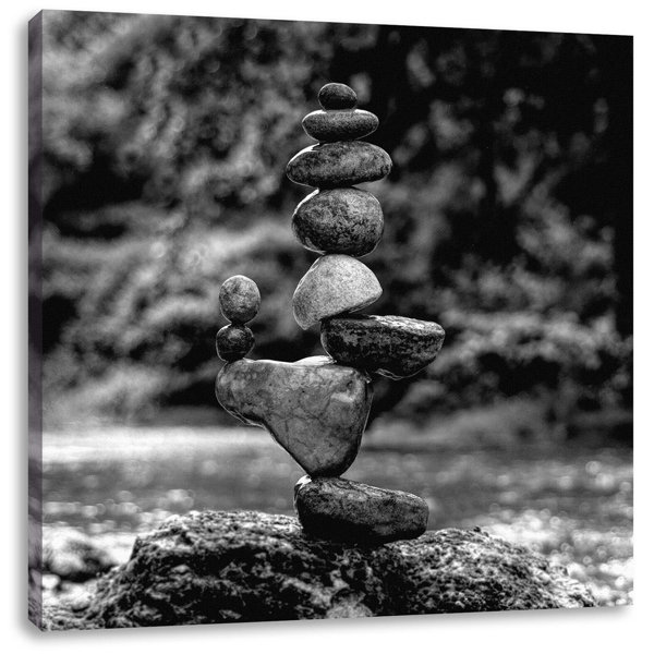 House of Hampton Balanced Stone Artwork By The River, Monochrome As Canvas Canvas Square
